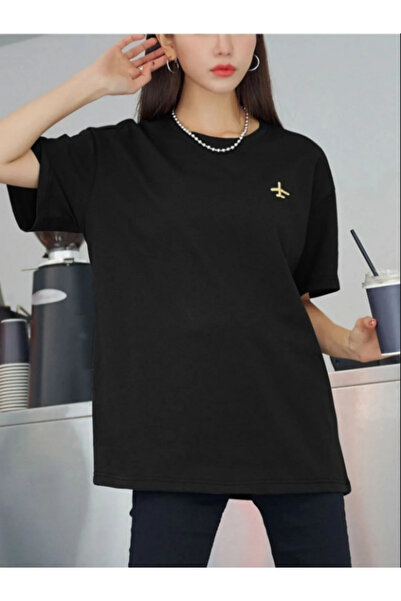 Siyah Oversıze Airplane Uçak Baskılı Bol Kesim Tshirt