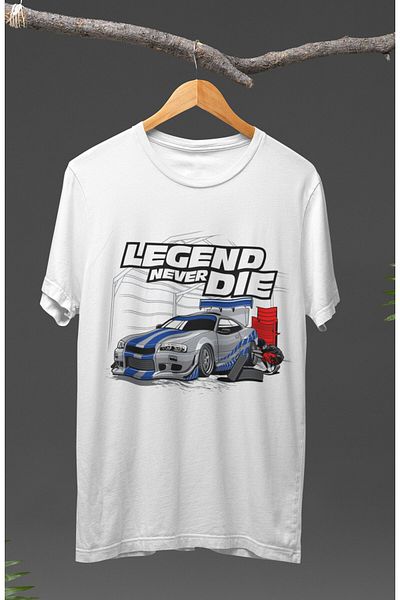 Fuddy Moda Tricou unisex Legend Never Die Nissan GTR Skyline R34 imprimat, tricou imprimat cu tematica curselor de mașini