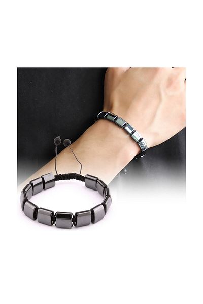 Tesbihane Hematite Natural Stone Macrame Knitted Bracelet - 104000398