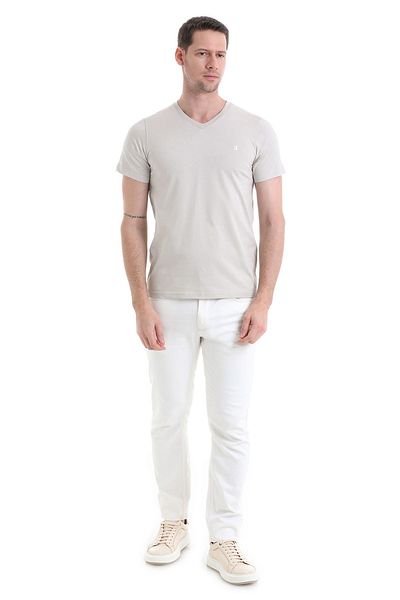 Hatemoğlu Μπλουζάκι Ecru V-Neck Cotton Regular Fit