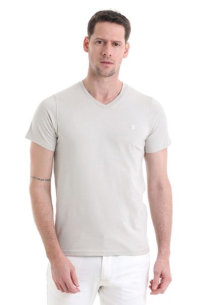 Hatemoğlu Μπλουζάκι Ecru V-Neck Cotton Regular Fit