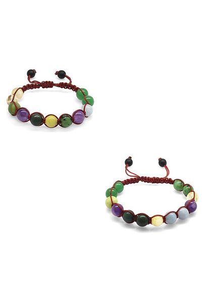 Tesbihane Macrame Braided Globe Cut Multi Natural Stone Combination Children-Teenager Healing Bracelet (Set of 2)
