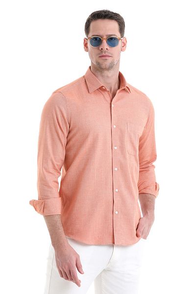 Hatemoğlu 100% βαμβακερό πορτοκαλί Slim Fit Casual πουκάμισο - γιακά με κουμπιά, μακρυμάνικο