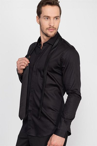 Tudors Super Slim Fit Μακρυμάνικο Extra Lycra Ανδρικό μαύρο πουκάμισο