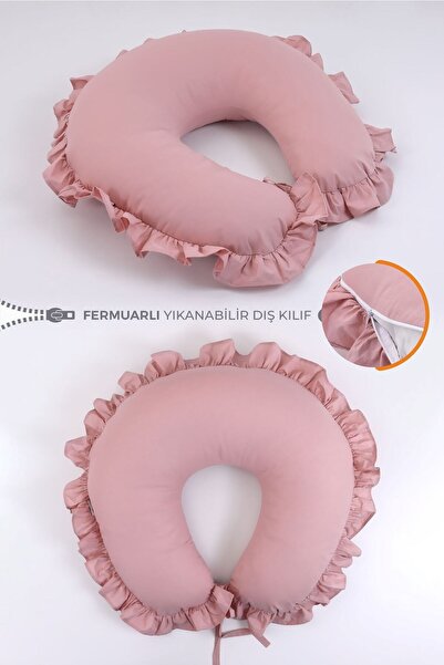 Umaybebek Emzirme Yastığı Minderi - %100 Pamuk - Pudra Fırfırlı