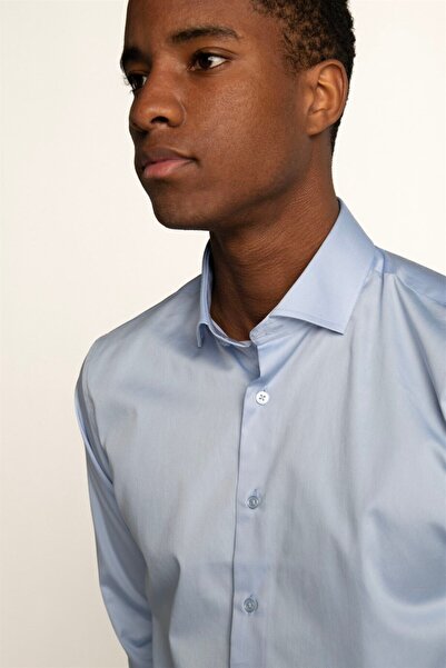 Tudors Slim Fit Uzun Kollu Koton Saten Premium Seri Erkek Mavi Gömlek