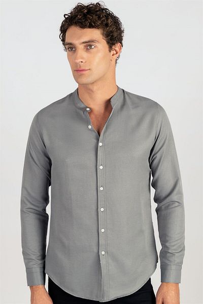Tudors Slim Fit Langarm Vorherrschender Kragen Baumwolle Easy Iron Grau Herrenhemd
