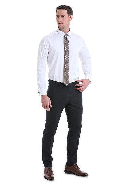 Hatemoğlu Comfort Fit Λευκό Λεπτό Πέτο Μακρυμάνικο Σατέν Πουκάμισο με Μανσέτες