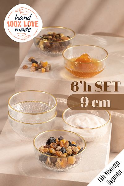 Vienev 6 Piece Crystal Gold Striped Bowl Set - Jam Bowl - Snack Bowl Presentation Bowl