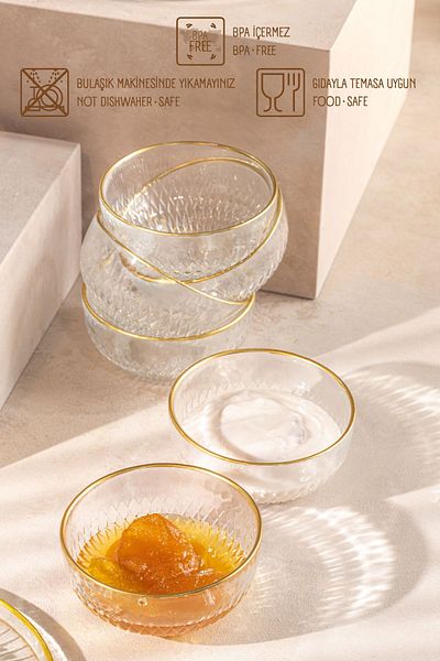 Vienev 6 Piece Crystal Gold Striped Bowl Set - Jam Bowl - Snack Bowl Presentation Bowl