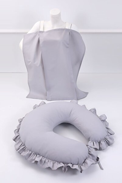 Umaybebek Emzirme Yastığı, Emzirme Önlüğü Set - Pamuklu Kumaş - Gri Fırfırlı