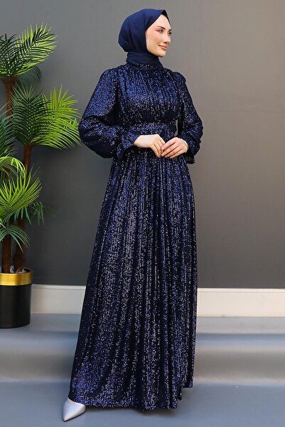 GİZ AGİYİM Sequin Butterfly Evening Dress Navy Blue