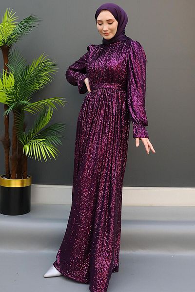 GİZ AGİYİM Sequin Butterfly Evening Dress Purple