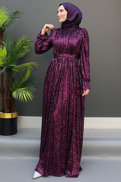 GİZ AGİYİM Sequin Butterfly Evening Dress Purple
