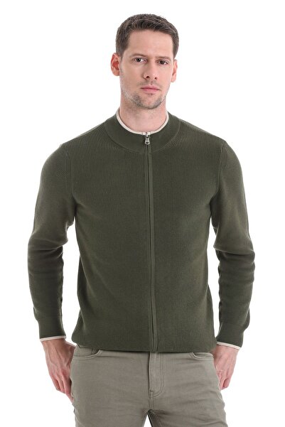 Hatemoğlu Khaki Knitwear Cardigan - Regular Fit, Half Turtleneck, Zippered