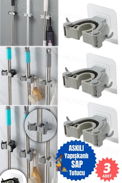 Munico 3 Adet Paspas Süpürge Fırça Ve Mop Askısı Sap Tutucu Mutfak Banyo Askı...