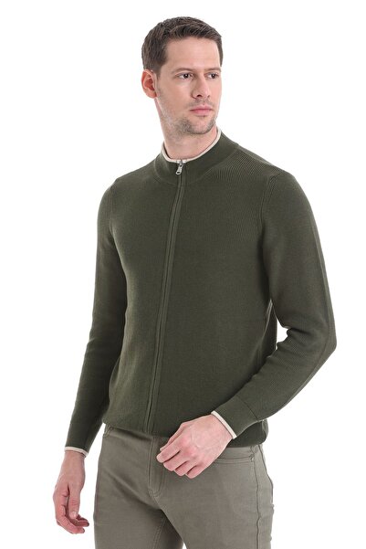 Hatemoğlu Khaki Knitwear Cardigan - Regular Fit, Half Turtleneck, Zippered