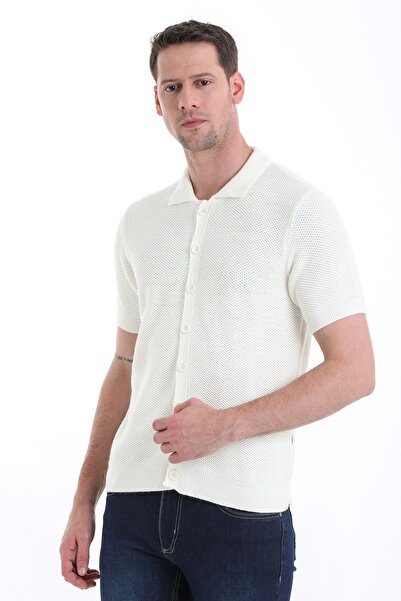 Hatemoğlu Ecru Short Sleeve Regular Fit Knitwear Cardigan - Plain Buttoned