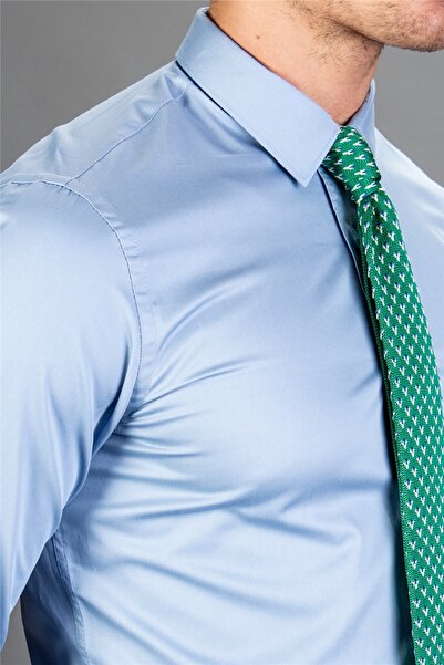 Tudors Cămașă albastră pentru bărbați, cu mânecă lungă, uni, subțire, din satin de bumbac