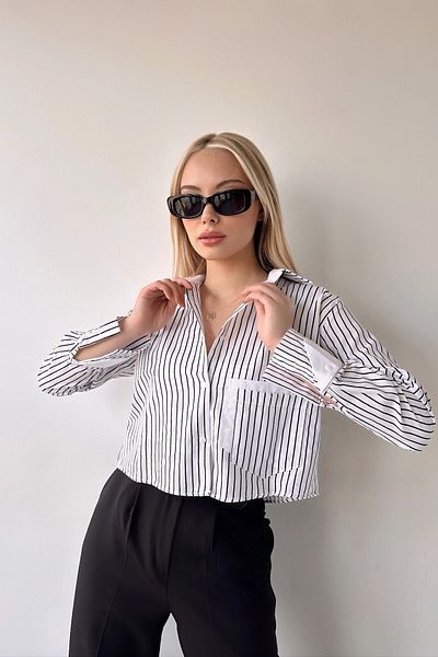 ubmbutik Cămașă de damă - Manșete și buzunare garnisite - Cămașă cu dungi oversize țesute