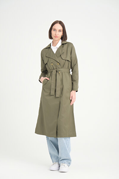 MODAQU Dwurzędowy długi trencz w kolorze khaki