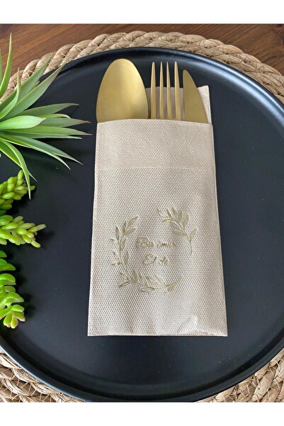 kidspartim Gold Yaldızlı Kraft Bir Ömür El Ele Cepli Peçete 12 Adet 40x40