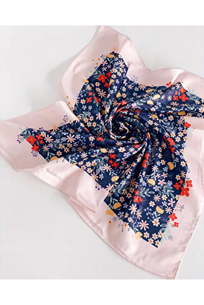 Bikutumutluluk Zarif Çiçekli Lacivert Saten Fular