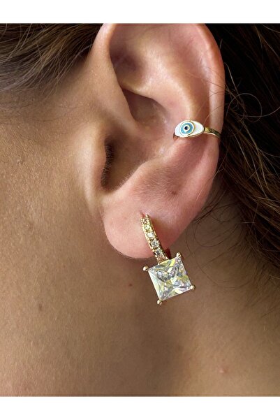 ByMerve Bym164 أقراط كريستال مربعة من الحجر الذهبي للنساء من الفولاذ