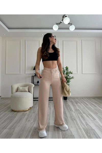 NO 601 Women's Beige Tiril Summer Wrapped Fabric Relaxed Cut Trousers