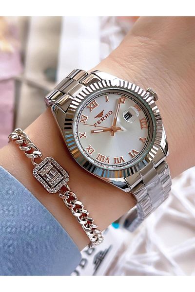 FERRO Silver Color Calendar Color Non-Tarnish Color-Tossing 3 Atm Special Design Women's Wristwatch EFL21295A