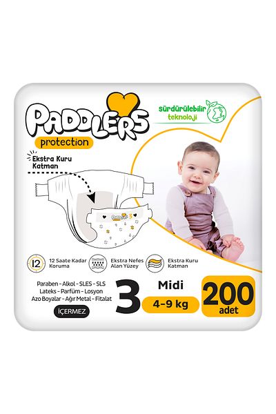Paddlers Protection Baby Diaper Size 3 Midi 200 Pieces (4-9 kg) Extra Jumbo Set