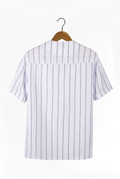 ADEGO Біла сорочка з полосатим льоном - відкритий V-подібний виріз, oversize зручний крій, короткі рукави