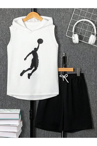 Machetta Basketball Printed Children's T-shirt and Shorts Set - Sleeveless Hoodie
