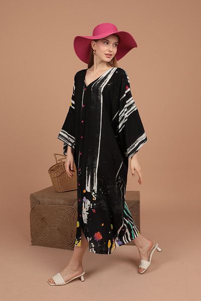 lovebox Γυναικείο φαρδύ μαύρο φόρεμα New Season από υφασμάτινο πάνελ με στάμπα βισκόζης