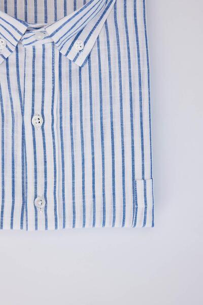 Tudors Men's Big Size Plus Size Short Sleeve Striped Buttoned Collar Single Pocket Linen Texture Summer White Shirt