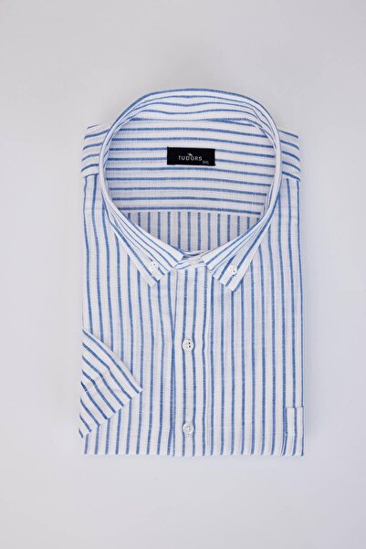 Tudors Men's Big Size Plus Size Short Sleeve Striped Buttoned Collar Single Pocket Linen Texture Summer White Shirt