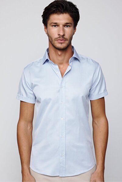 Tudors Cămașă pentru bărbați, slim fit, cu mânecă scurtă, din bumbac simplu, cu guler de cravată