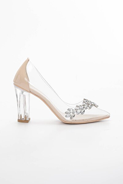 GULT Γυναικείες χοντρές, ψηλές, διαφανείς γόβες με πέτρες, nude δερμάτινες γό...