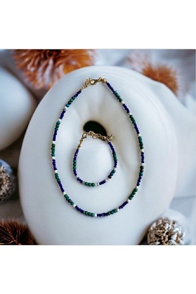 MSTR Art AZURIT Necklace and Bracelet Set - AZURITE, BLUE CRYSTAL BEADS AND MOTHER-OF-PEARL Necles and Bracelet