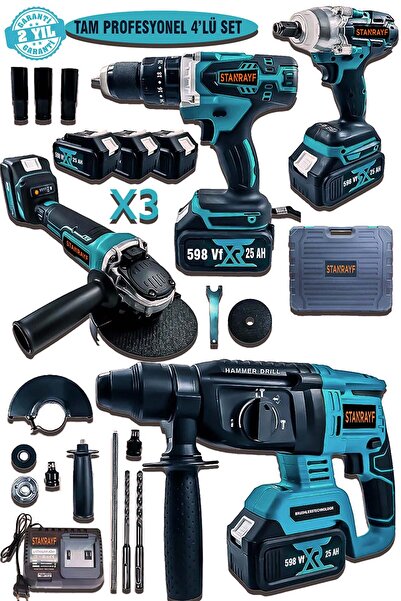 stanrayf Brushless 4 Lü Set 598 Vf 25 Ah 3 X Akü Kırıcı Delici Bijon Somun Sıkma Sökme Taşlama Darbeli Matkap