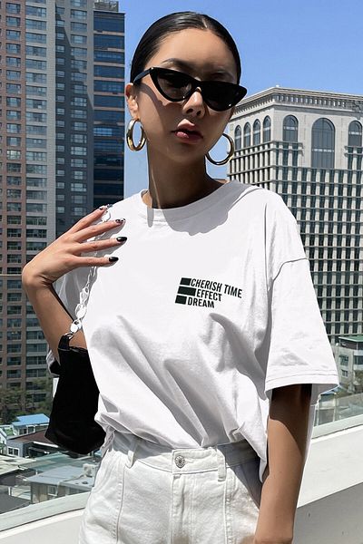 MODAGEN Μπλουζάκι Unisex White Crew Neck Cherish Time Printed Oversize T-shirt