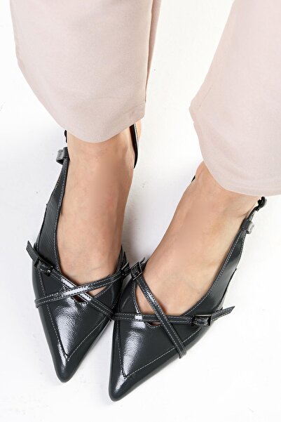 Mio Gusto Mystic Genuine Patent Leather Gray Color Open Back Women's Short Heeled Shoes