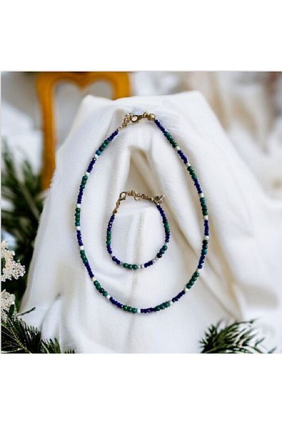 MSTR Art AZURIT Necklace and Bracelet Set - AZURITE, BLUE CRYSTAL BEADS AND MOTHER-OF-PEARL Necles and Bracelet