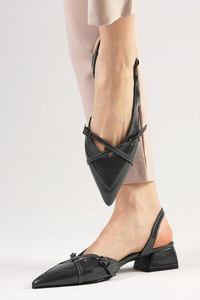 Mio Gusto Mystic Genuine Patent Leather Gray Color Open Back Women's Short Heeled Shoes