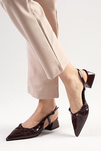 Mio Gusto Genuine Patent Leather Burgundy Color Open Back Women's Short Heeled Shoes