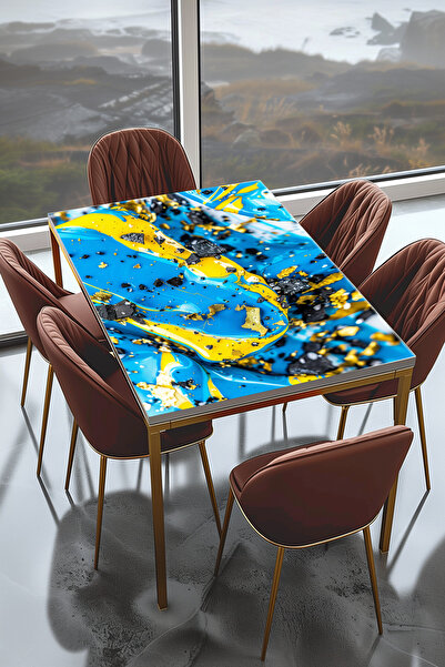 InkSyncStudios Masa Kaplama Folyosu Mobilya Masa Kaplama Folyoları Epoxy Görünümlü Mavi-Sarı Tasarım
