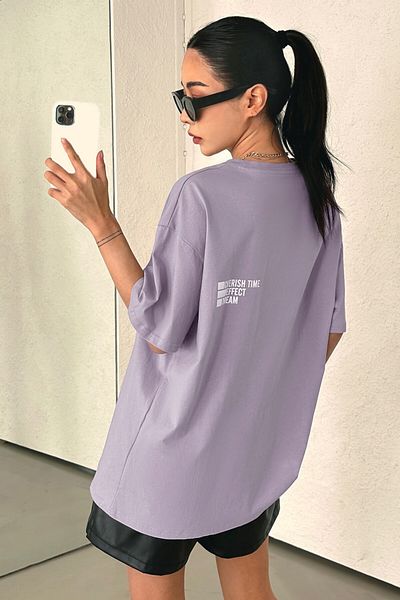MODAGEN Μπλουζάκι Unisex Lilac Crew Neck Cherish Time Printed Oversize T-shirt