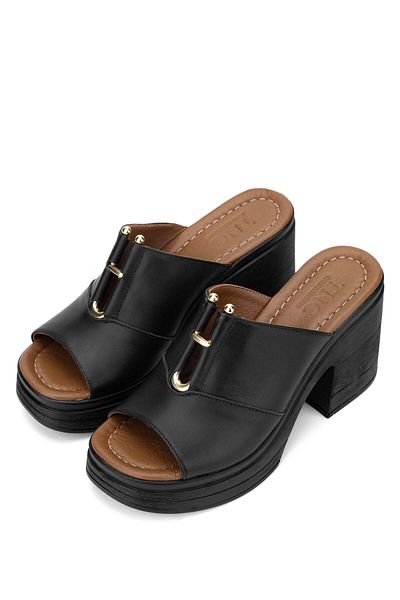 Tamer Tanca Women's Genuine Leather Black Leather Heeled Slippers