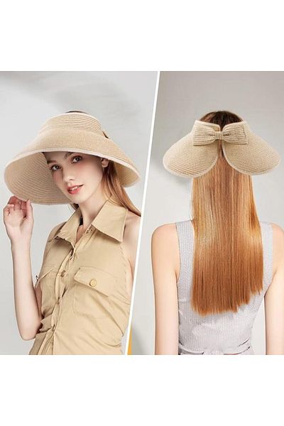 Shopiolog Women's Wide Brim UV Protection Bow Straw Visor Hat