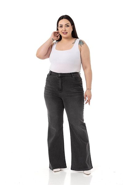 DISENTIS MODEST Large Size Cropped Front High Waist Spanish Leg Anthracite Denim Trousers